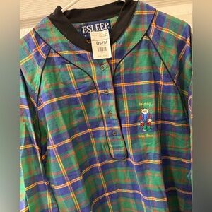 Vintage‎ ESLEEP Plaid Long Sleeve Pajama Nightgown with Bear Embroidery